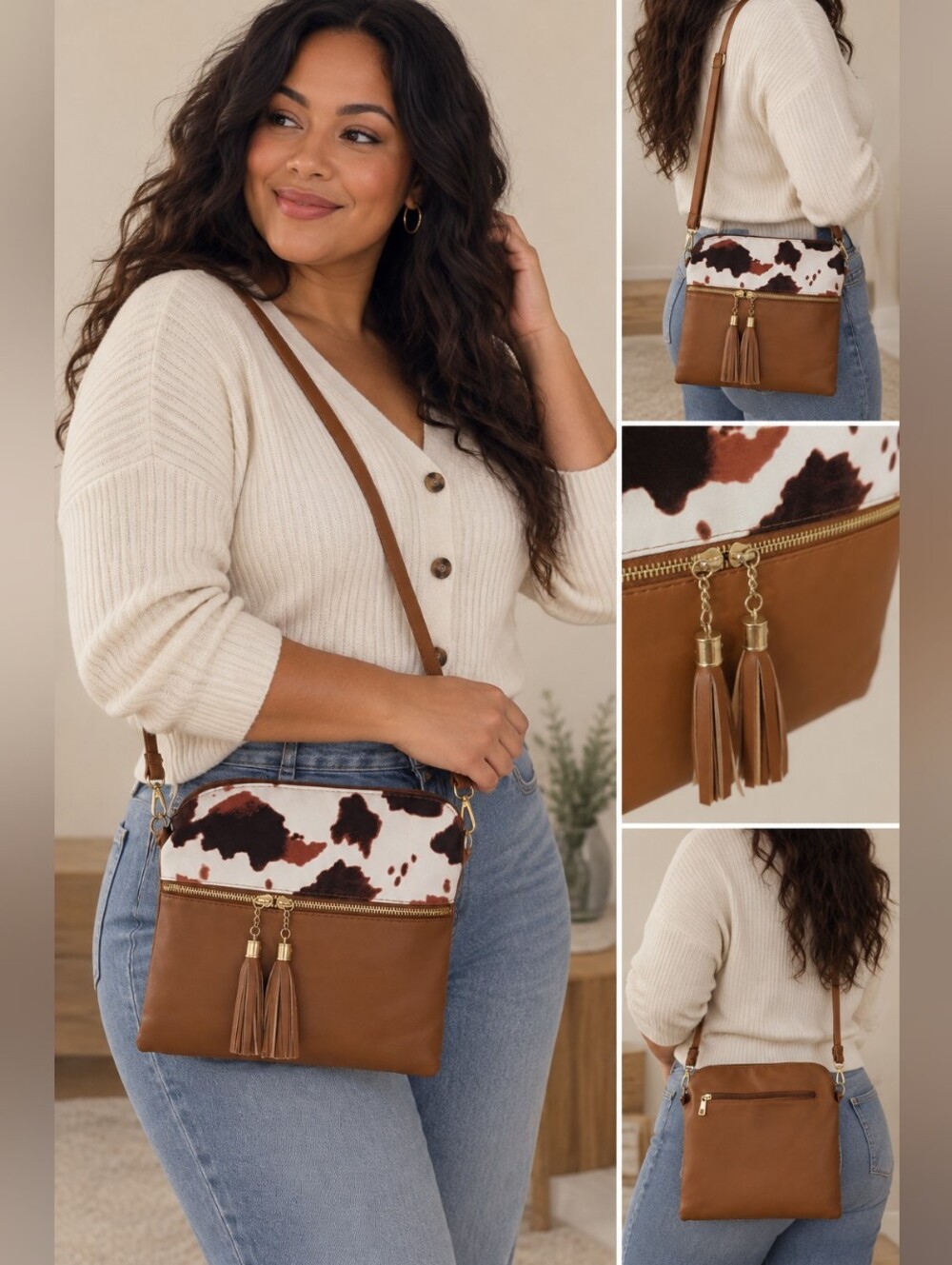 🌺 2/$30 SHEIN Cow Print Western Crossbody Bag Brown Tassel Purse